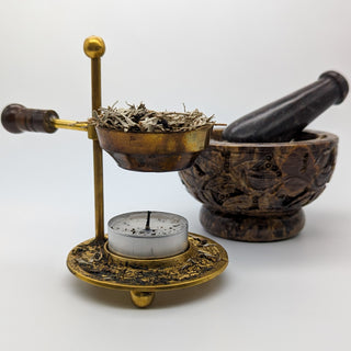 Prana Harmony Brass Resin Burner with Sage and Mortar and Pestle